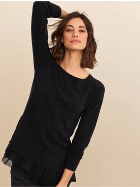 Garnet Hill Black Cashmere Sweater with Lace Trim